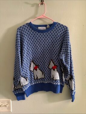Vintage Genoa Blue Knit Sweater with White Pattern Accents L